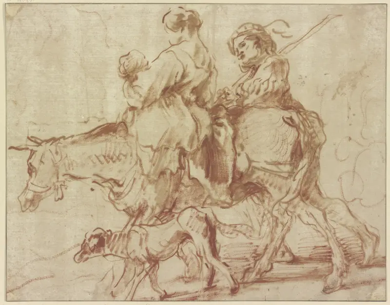 Kvinna med barn ridande på en åsna, en ung man gående bredvid av Giovanni Benedetto Castiglione