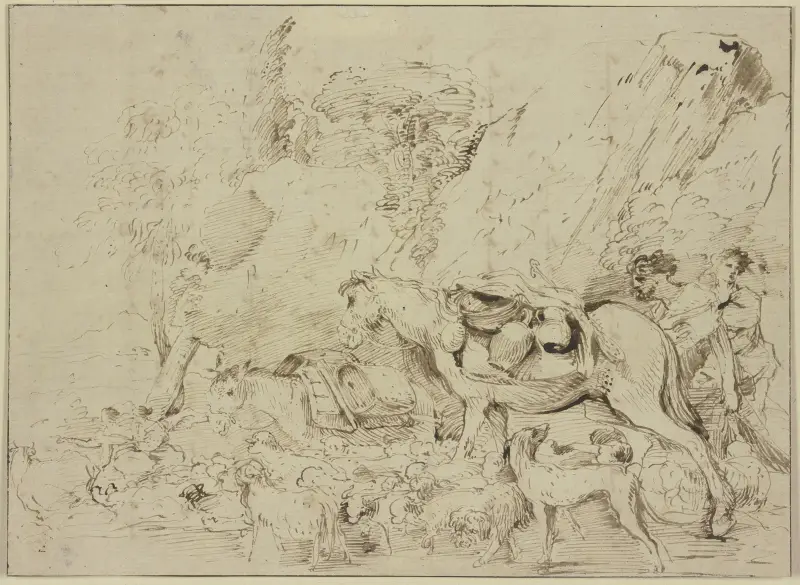 Herde med häst, åsna och fårflock i ett klipplandskap av Giovanni Benedetto Castiglione