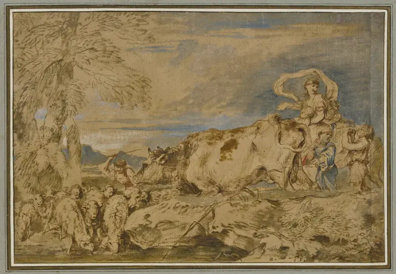 Hirten und Schäferinnen mit einer Herde an der Tränke von Giovanni Benedetto Castiglione