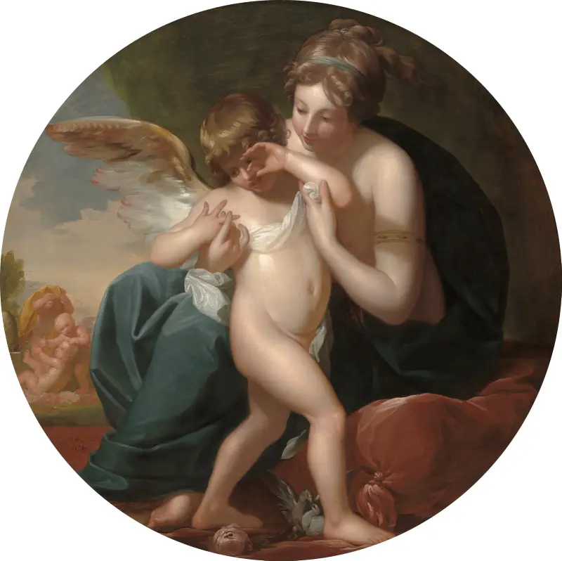 Cupid, stungen av ett bi, vårdas av sin mor av Benjamin West