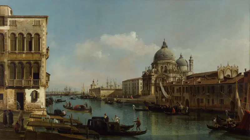 Vy över Canal Grande; Santa Maria della Salute och Dogana från Campo Santa Maria Zobenigo av Bernardo Bellotto
