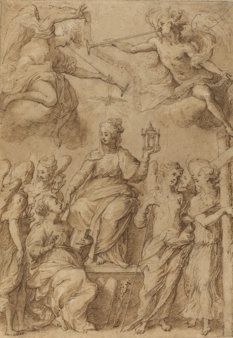 Ecclesia omgiven av änglar som bär passionsredskapen av Bernardo Strozzi