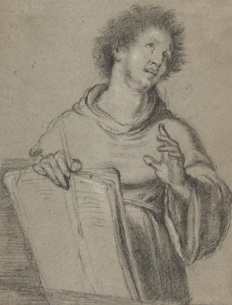 Halvlängdsstudie av en munk med bok och ett långt redskap av Bernardo Strozzi
