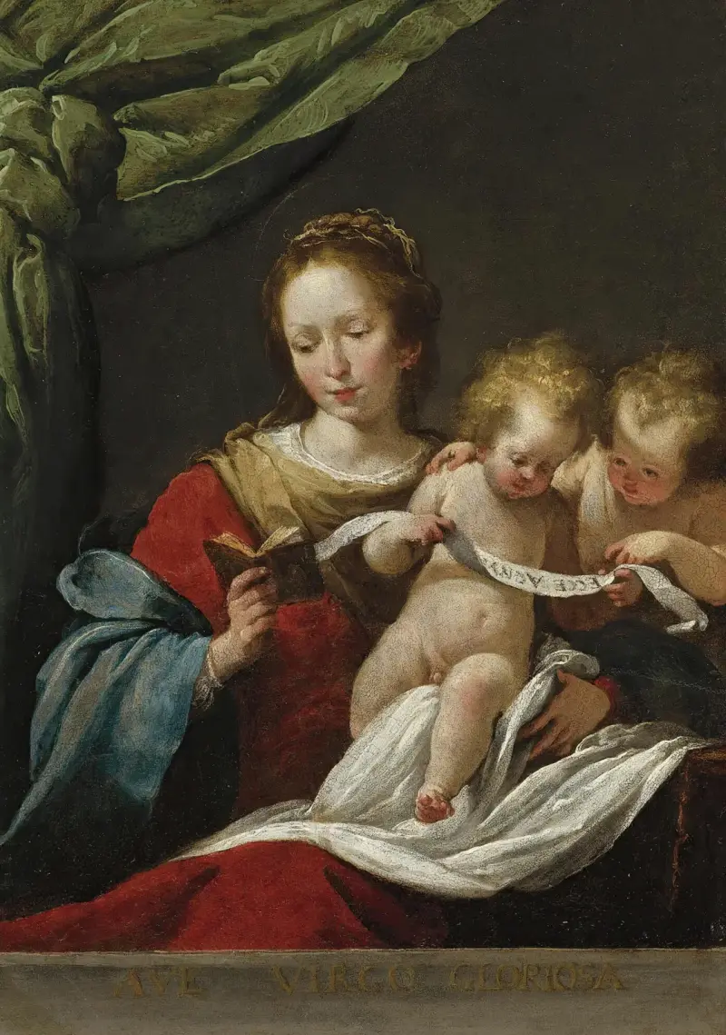 Madonnan läsande med Kristusbarnet och den unge Johannes Döparen av Bernardo Strozzi