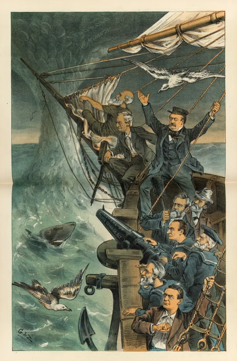 Vårt goda skepp 'National Credit' i fara för en silverplym, 1885 – nr 2 av Bernhard Gillam