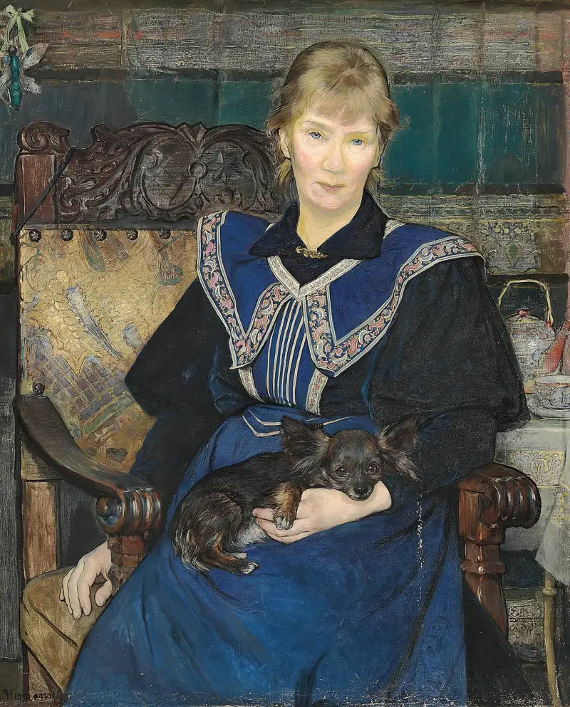 Kvinna i blå klänning med en liten hund i knät av Bertha Wegmann