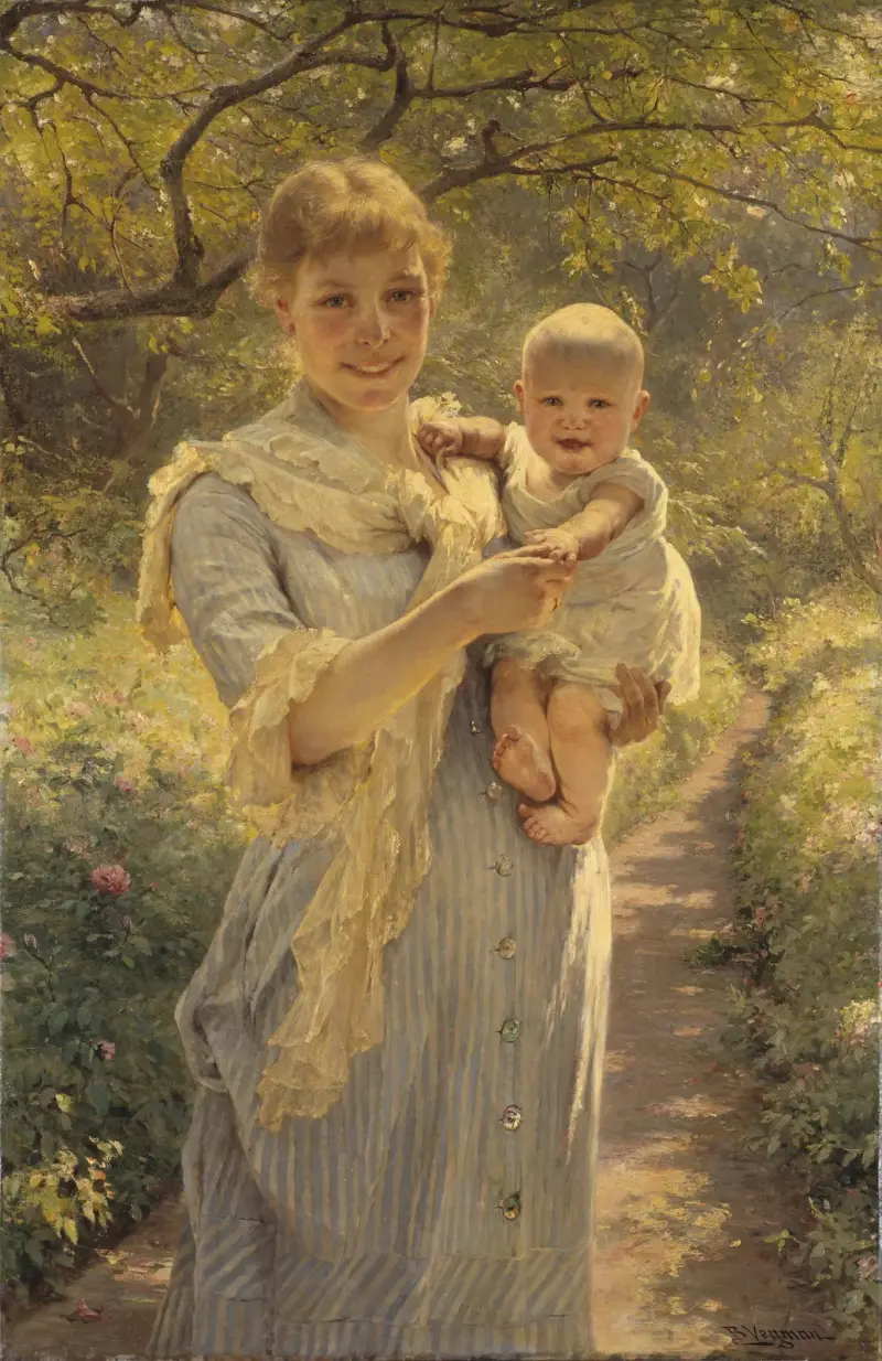 Ung mor med barn i trädgård av Bertha Wegmann