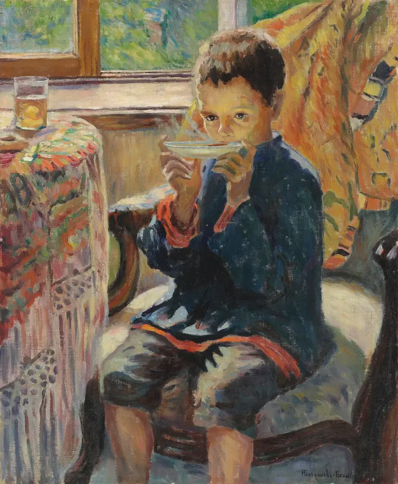 A young boy drinking tea av Nikolai Bogdanov-Belsky