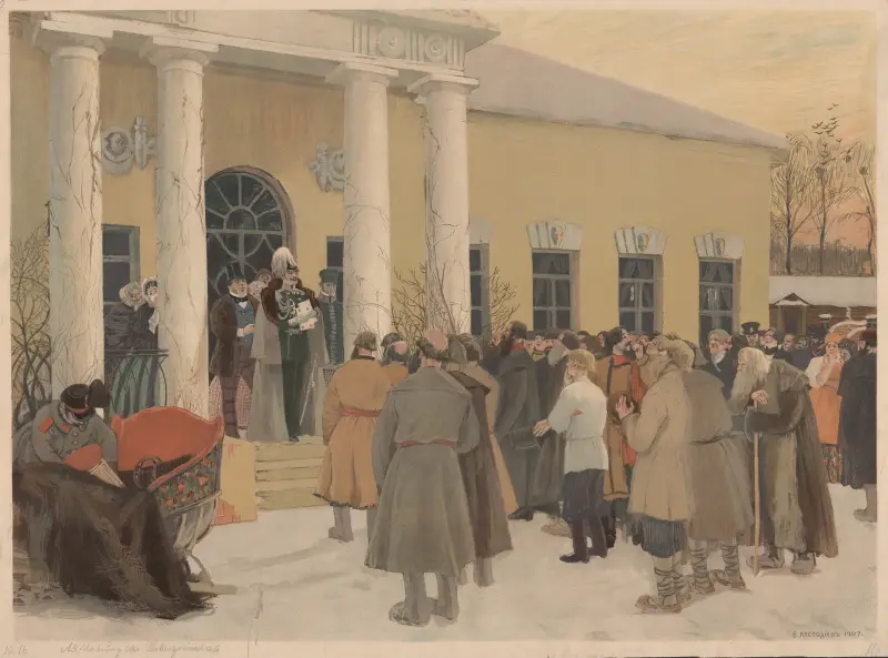 Läsning av manifestet (Böndernas frigörelse) av Boris Kustodiev
