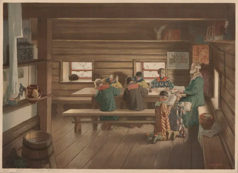 Skolan i Moskva, Ryssland av Boris Kustodiev