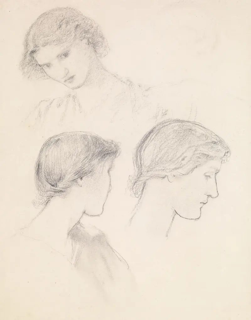 Huvudstudie av en flicka (tre studier) av Sir Edward Coley Burne-Jones