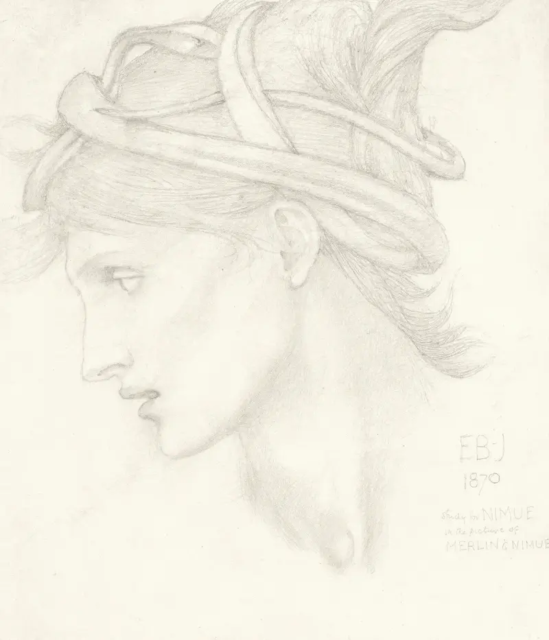 Huvudstudie av Maria Zambaco för Nimue i 'The Beguiling of Merlin' av Sir Edward Coley Burne-Jones