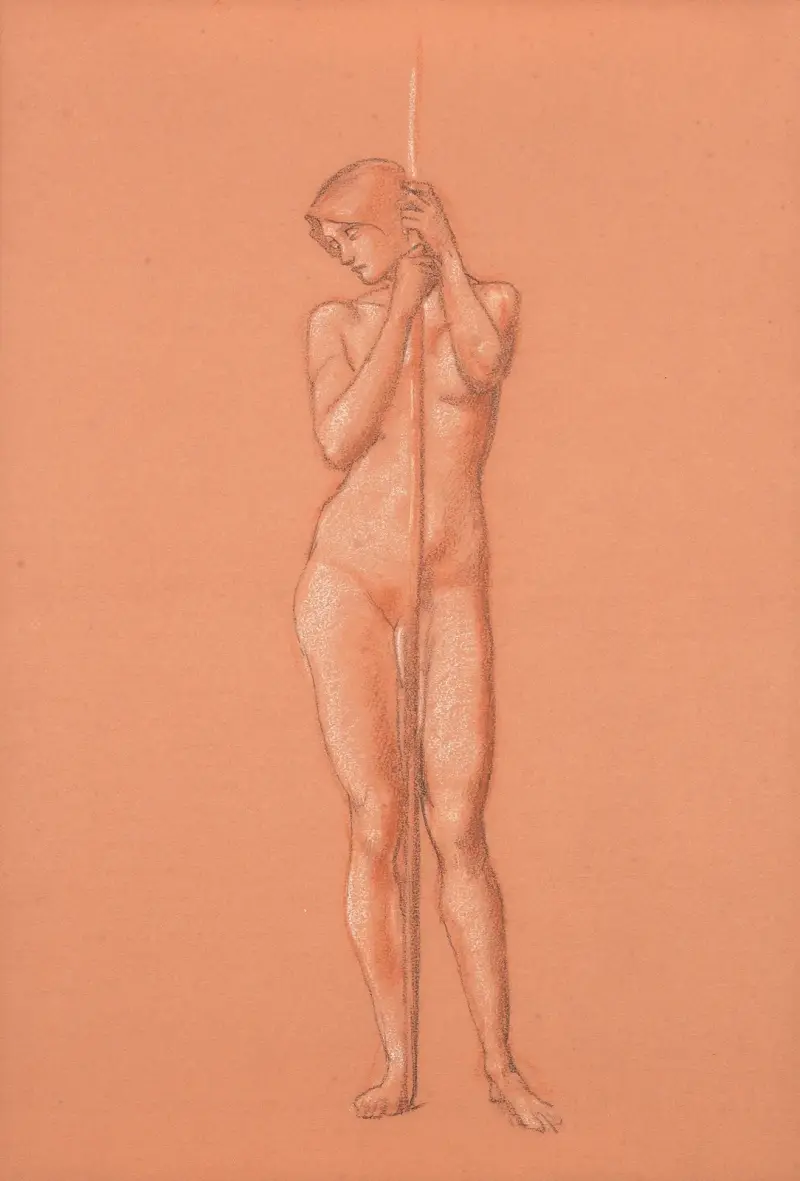 Aktstudie für eine Begleitfigur mit Speer in Der Schlaf von Arthur in Avalon von Sir Edward Coley Burne-Jones