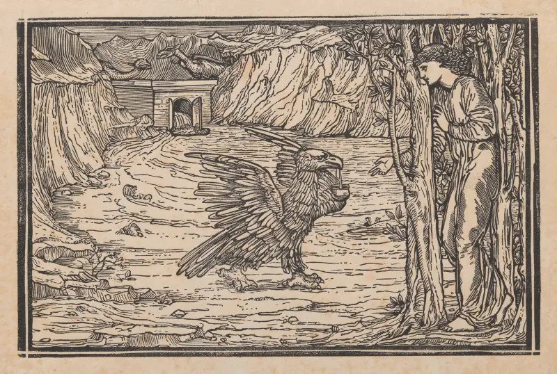 Psyche helped by Jove’s eagle av Sir Edward Coley Burne-Jones