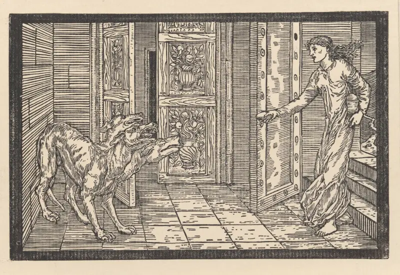 Psyche kastar honungskakorna till Kerberos av Sir Edward Coley Burne-Jones