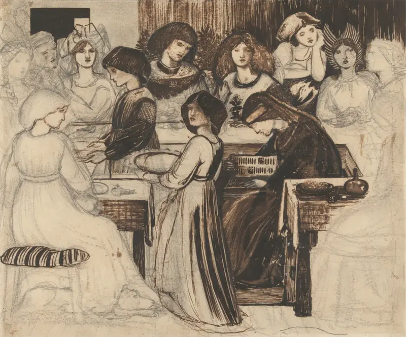 Studie till Sir Degrevaunts bröllopsfest av Sir Edward Coley Burne-Jones