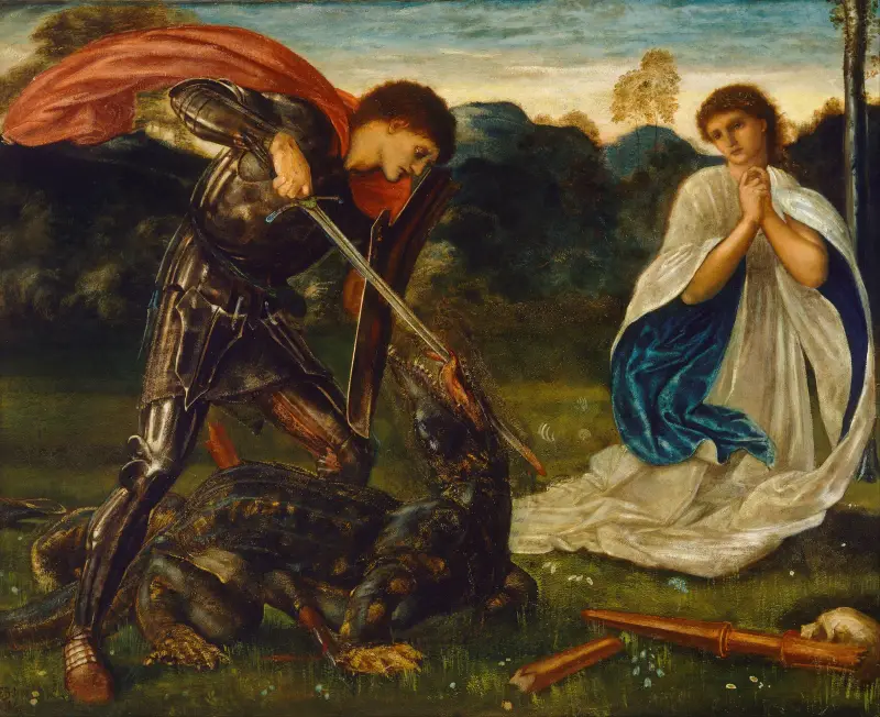 Striden; S:t Göran dödar draken VI av Sir Edward Coley Burne-Jones