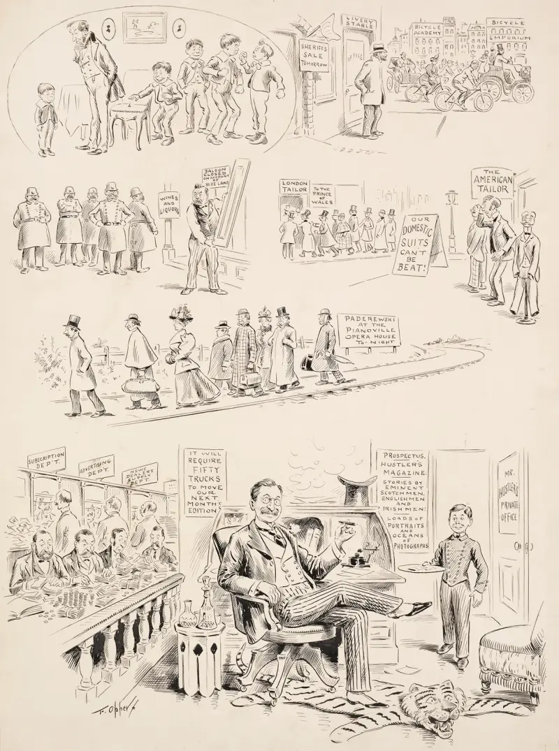 Scener av misslyckandet för ett hyrstall, en saloon och amerikanska skräddare, och av framgången för Hustler’s Magazine. av Frederick Burr Opper