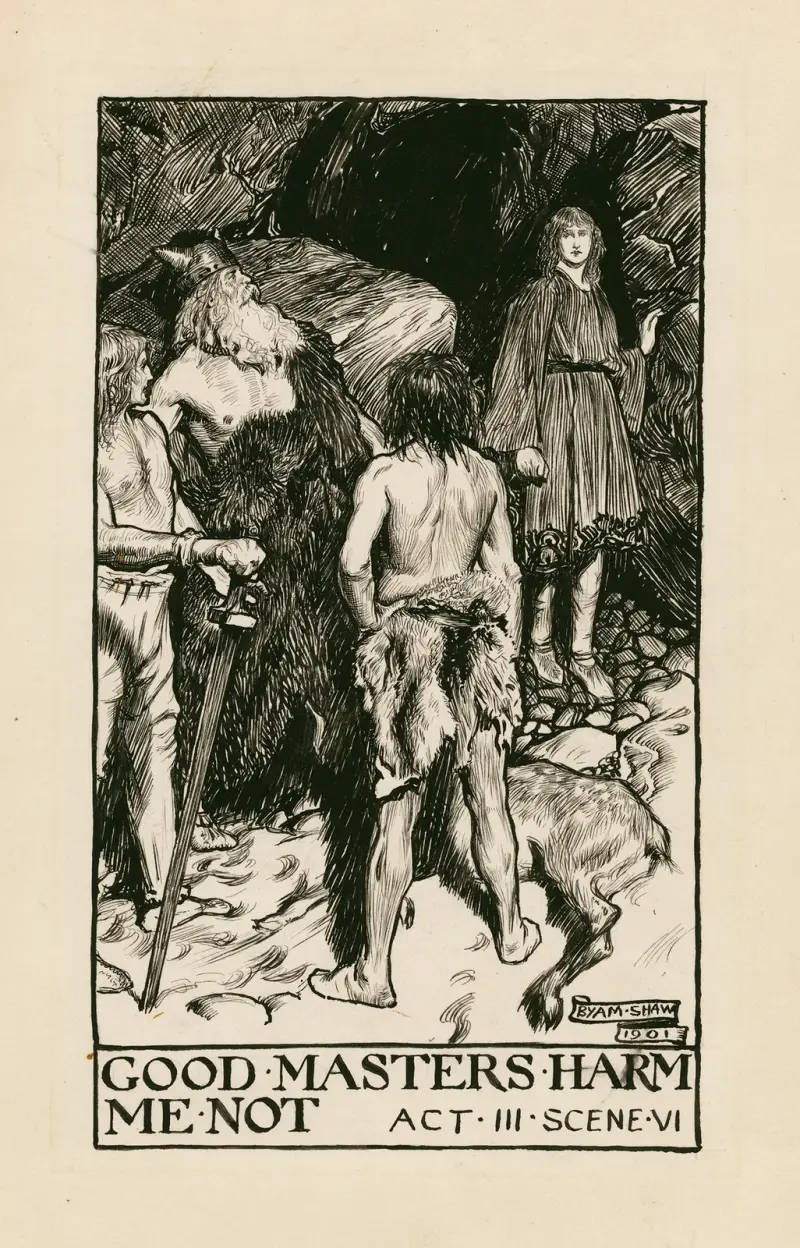 Cymbeline; Gode herrar, skada mig inte, akt III scen VI av Byam Shaw