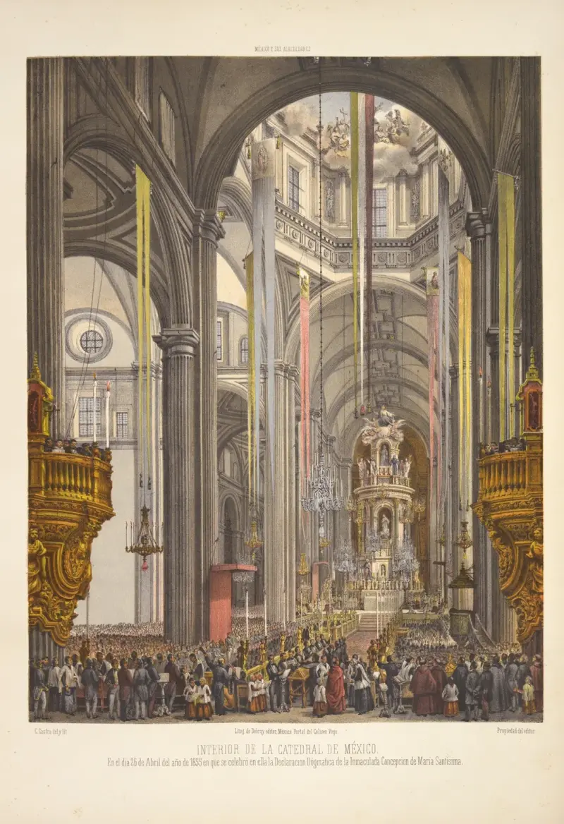 Interiör från katedralen i Mexico City, den 26 april 1855, då den dogmatiska förklaringen av Jungfru Marias obefläckade avlelse firades där av C. Castro