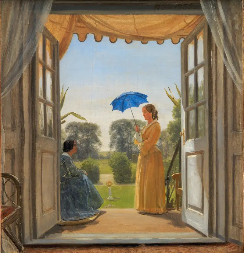 Caroline Dalgas und Jeanina Stampe auf der Gartentreppe von Nysø von P. C. Skovgaard