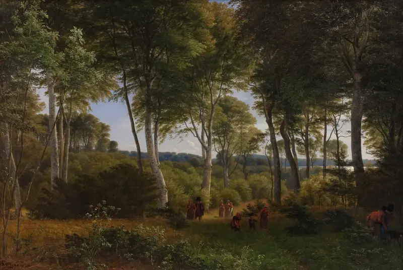 Delhoved skog nära Skarre sjö, Sjælland. Eftermiddagsljus av P. C. Skovgaard