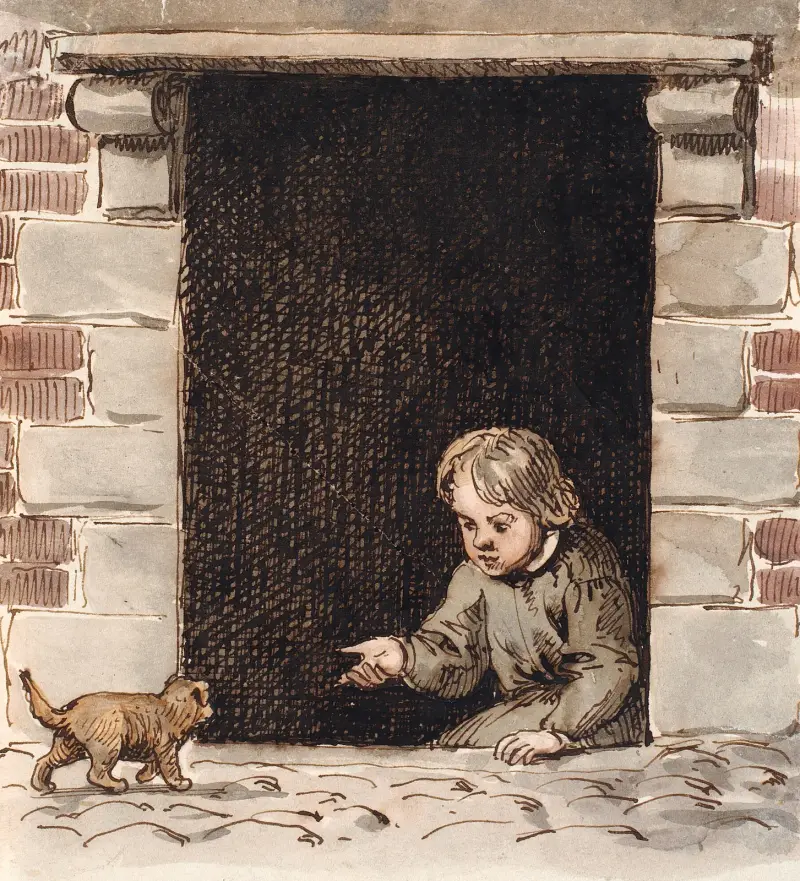 En pojke som sitter i en källardörr och lockar på en hundvalp av P. C. Skovgaard