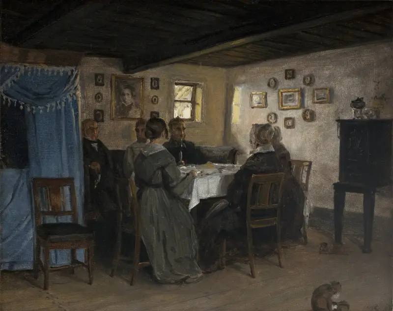 Konstnärens vänner och familj vid ett bord. Vejby, Nordsjælland av P. C. Skovgaard