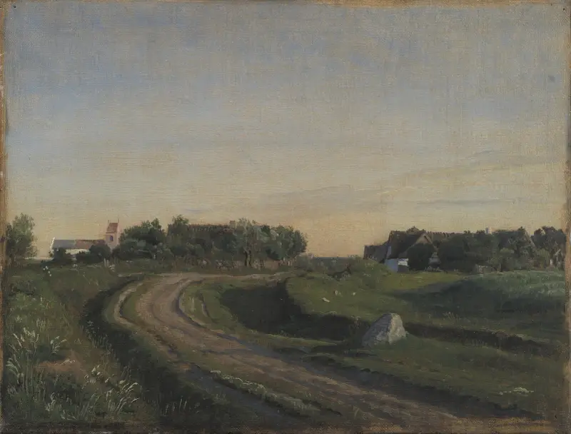 Vejby med kyrkan sedd från norr. Aftonljus. Sjælland av P. C. Skovgaard