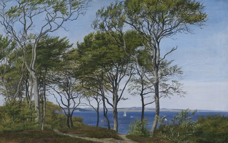 Blick durch Buchen auf einen Fjord von P. C. Skovgaard