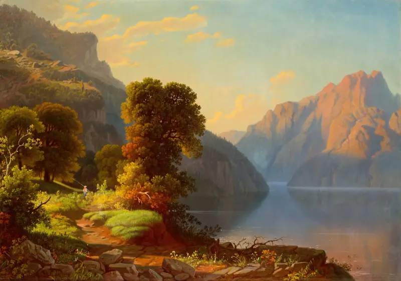 Utsikt över en sjö i bergen av George Caleb Bingham