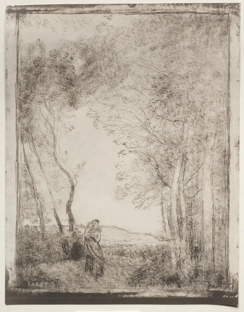 Ung mor vid skogsbrynet av Jean-Baptiste-Camille Corot