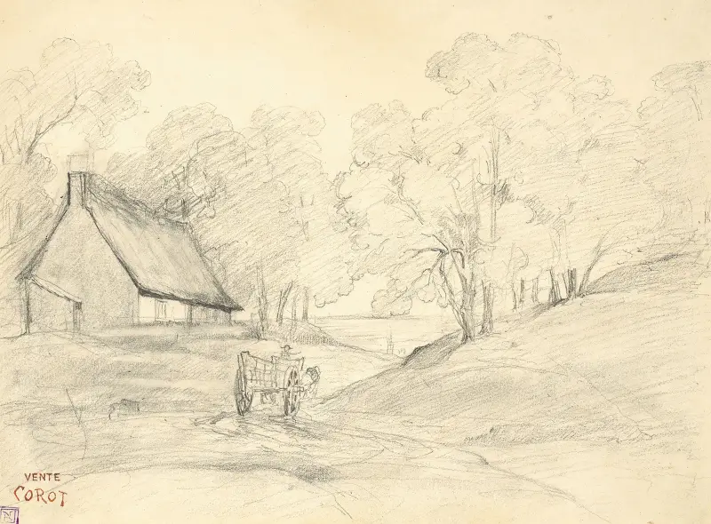 Stuga i ett trädbevuxet landskap med en man i en kärra av Jean-Baptiste-Camille Corot