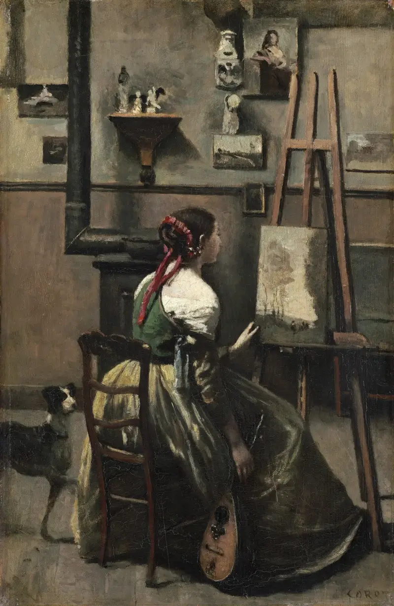 Corots ateljé – kvinna som sitter framför ett staffli med en mandolin i handen av Jean-Baptiste-Camille Corot