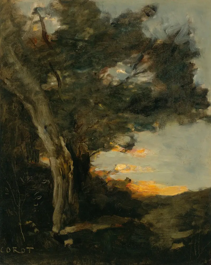 Solnedgång med lejoninna av Jean-Baptiste-Camille Corot