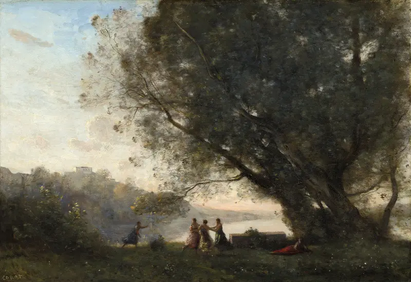 Tanz unter den Bäumen am Seeufer von Jean-Baptiste-Camille Corot