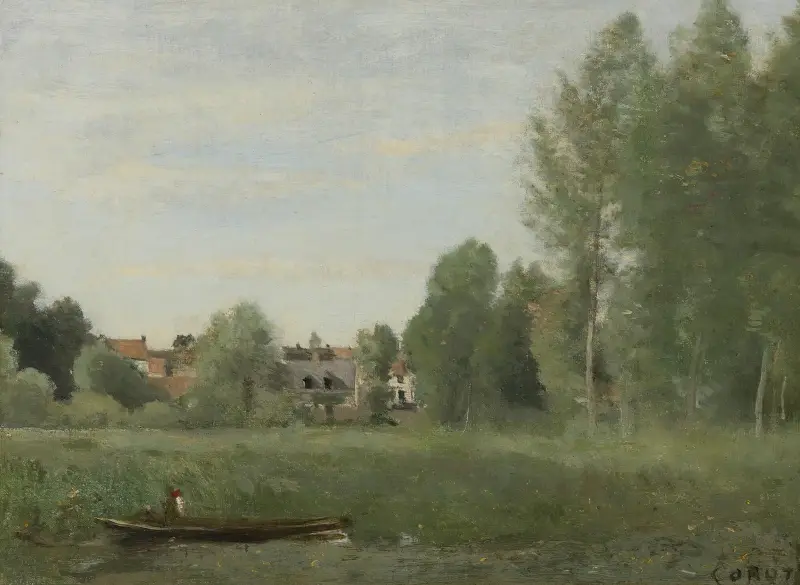 Umgebung von Mantes, kleine, in den Bäumen nahe dem Ufer versteckte Wohnstätten von Jean-Baptiste-Camille Corot