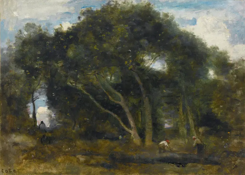 Fontainebleau – lutande ekar i en skogsglänta av Jean-Baptiste-Camille Corot