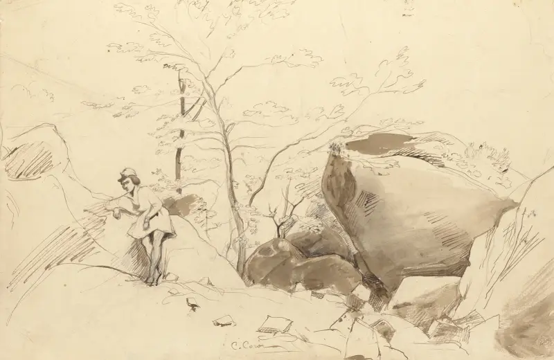 Fontainebleau, Figur an eine Felswand gelehnt von Jean-Baptiste-Camille Corot