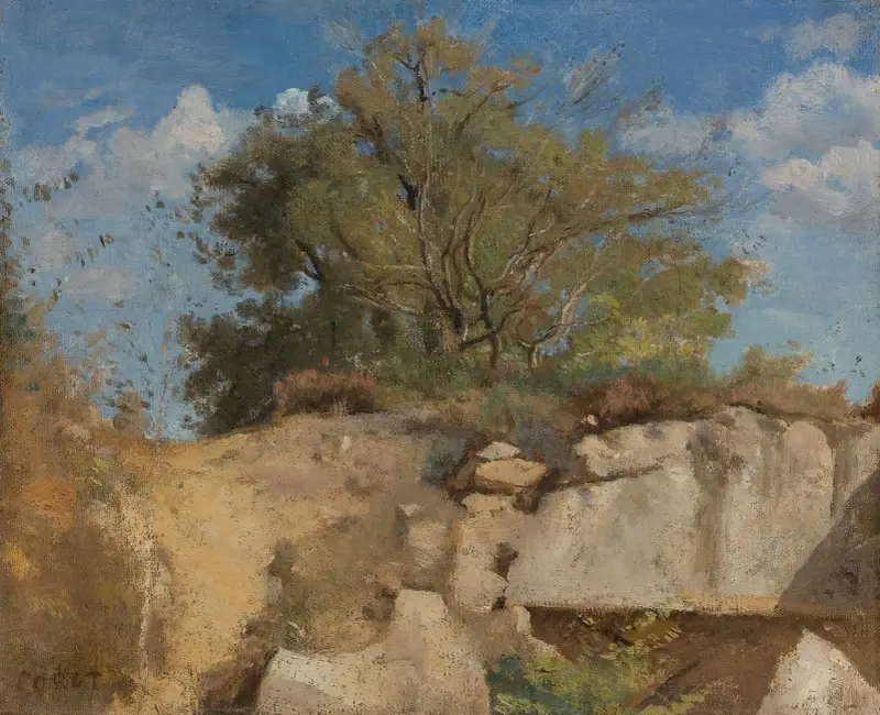 Fontainebleau, skogsbevuxen klipptopp av Jean-Baptiste-Camille Corot