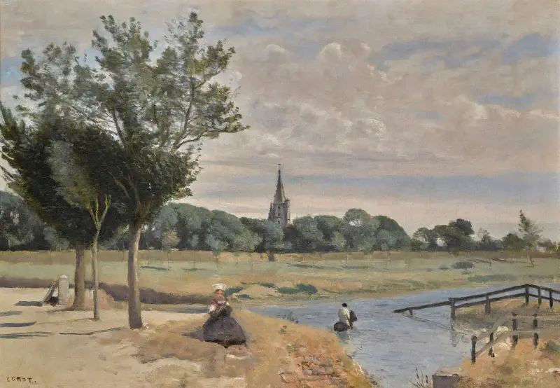 La Rochelle; wodopój, widok z okolic murów miejskich, z wieżą latarni, Jean-Baptiste-Camille Corot