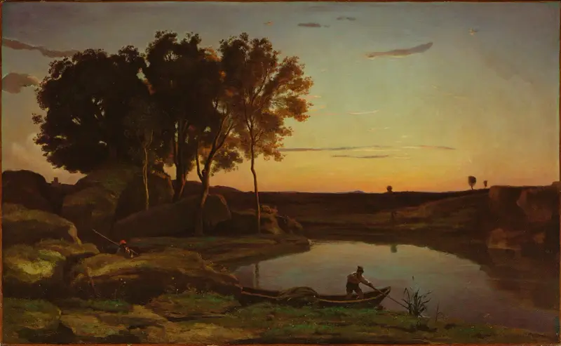 Landskap med sjö och båtman av Jean-Baptiste-Camille Corot