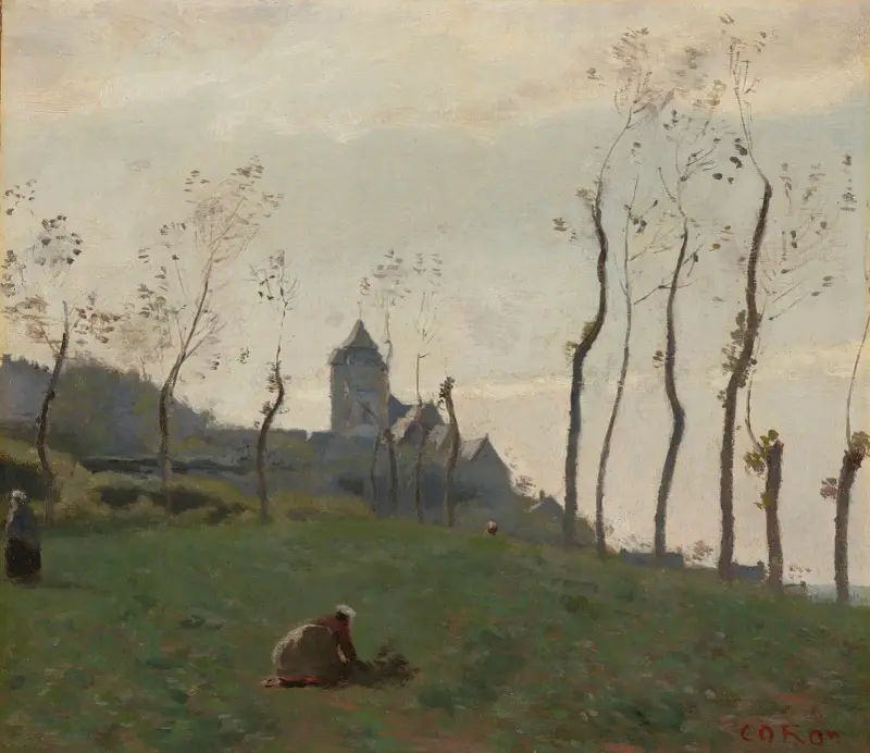 Le Tréport – En äng och kyrkan av Jean-Baptiste-Camille Corot