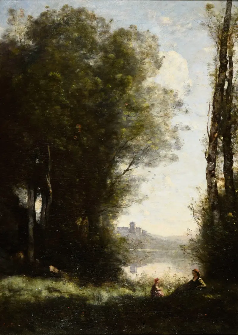 Les Deux soeurs sous les arbres au bord du lac av Jean-Baptiste-Camille Corot