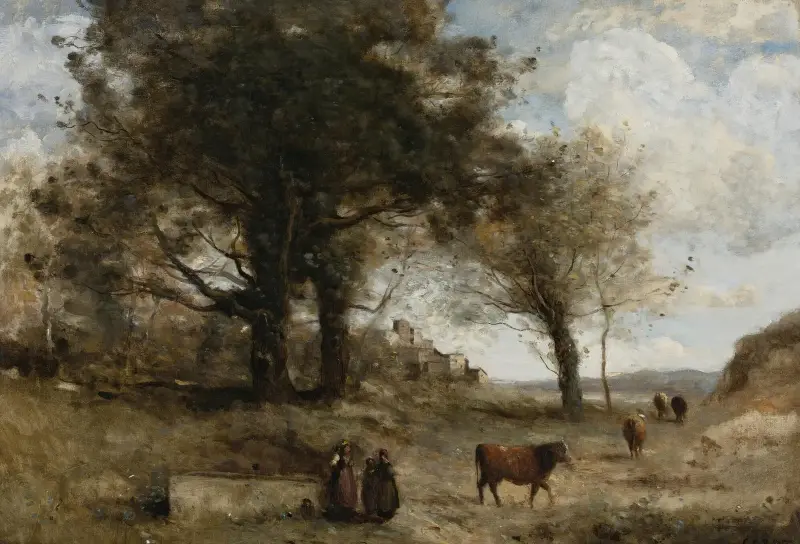 Korna vid fontänen av Jean-Baptiste-Camille Corot