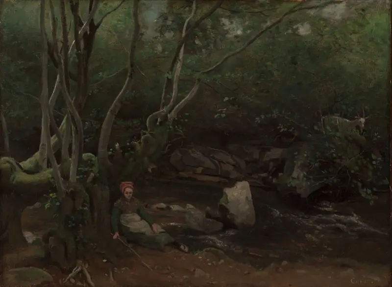 Das Ziegenmädchen von Lormes, an einem Bach im Wald sitzend von Jean-Baptiste-Camille Corot