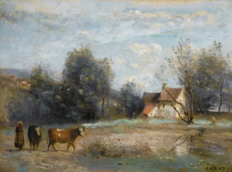 Luzancy, små bondehus vid vattnet av Jean-Baptiste-Camille Corot