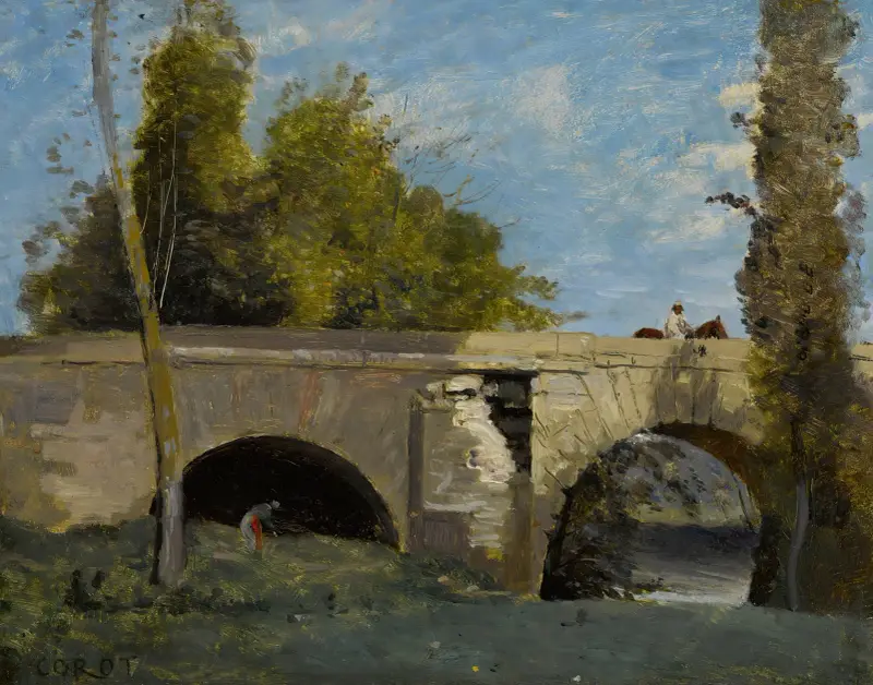Mantes – zwei Brückenbögen mit Reiter von Jean-Baptiste-Camille Corot