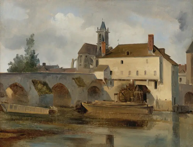 Moret-sur-Loing, most i kościół, Jean-Baptiste-Camille Corot