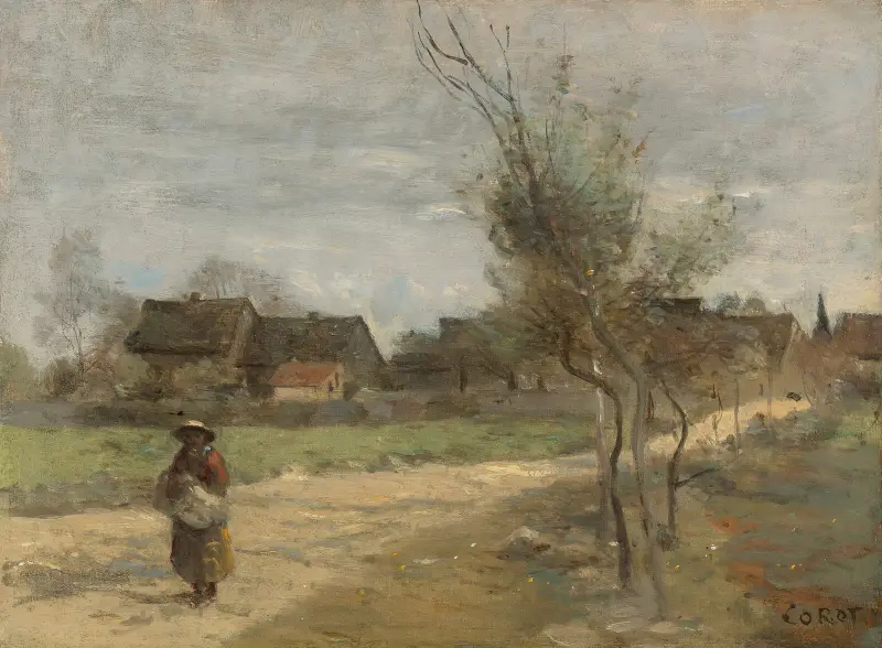Bäuerin auf einem Weg mit Blick auf ein Dorf von Jean-Baptiste-Camille Corot